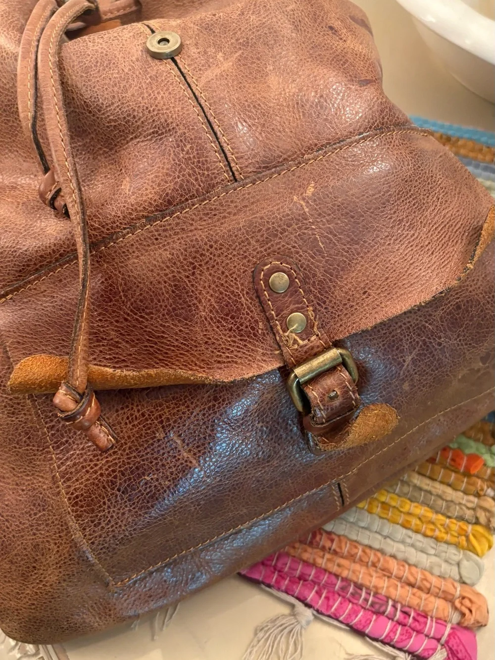 Patricia Nash Rustic Brown Leather Backpack with Canvas Logo Pouch